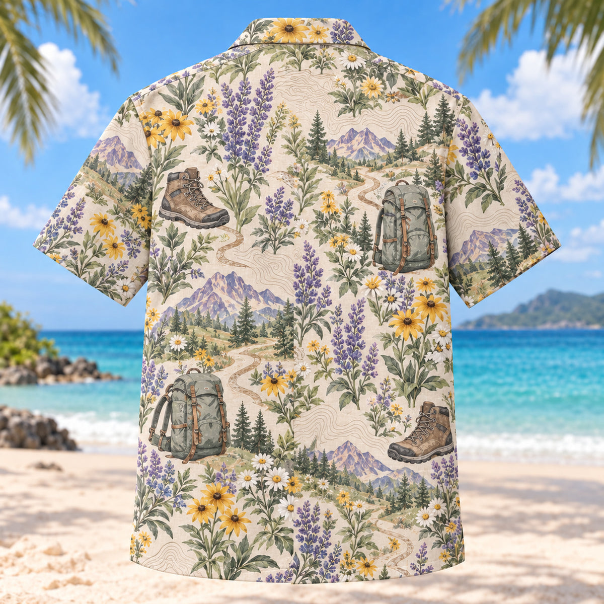 Back view of Garden Hiking and Backpacking Hawaiian Shirt with matching hiking and backpacking artwork in lavender, sage, cream, golden yellow