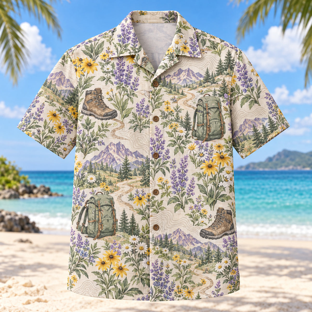 Front view of Garden Hiking and Backpacking Hawaiian Shirt with original meadow flowers and generic hiking boots, backpacks, winding trails, original contour lines and mountains in a spacious repeat