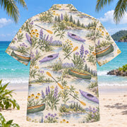 Back view of Garden Kayak and Canoe Hawaiian Shirt with matching kayak and canoe artwork in lavender, sage, cream, golden yellow