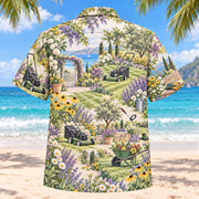 Back view of Garden Landscaper Hawaiian Shirt with matching landscaper artwork in lavender, sage, cream, golden yellow
