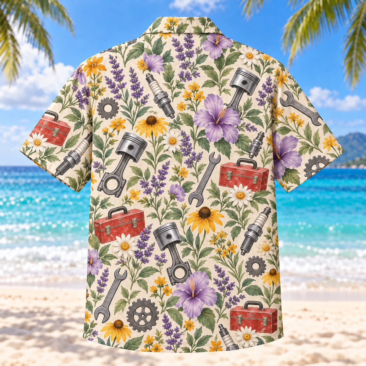 Back view of Garden Mechanic Hawaiian Shirt with matching mechanic artwork in lavender, sage, cream, golden yellow