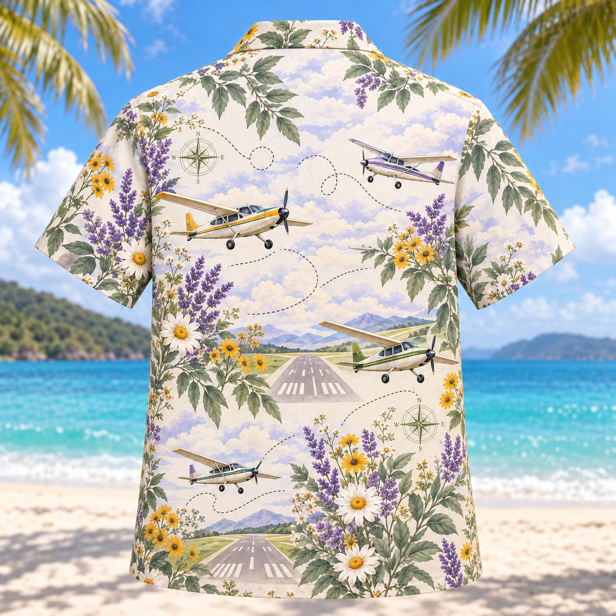 Back view of Garden Pilot and Aviation Hawaiian Shirt with matching pilot and aviation artwork in lavender, sage, cream, golden yellow