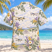Back view of Garden Pilot and Aviation Hawaiian Shirt with matching pilot and aviation artwork in lavender, sage, cream, golden yellow