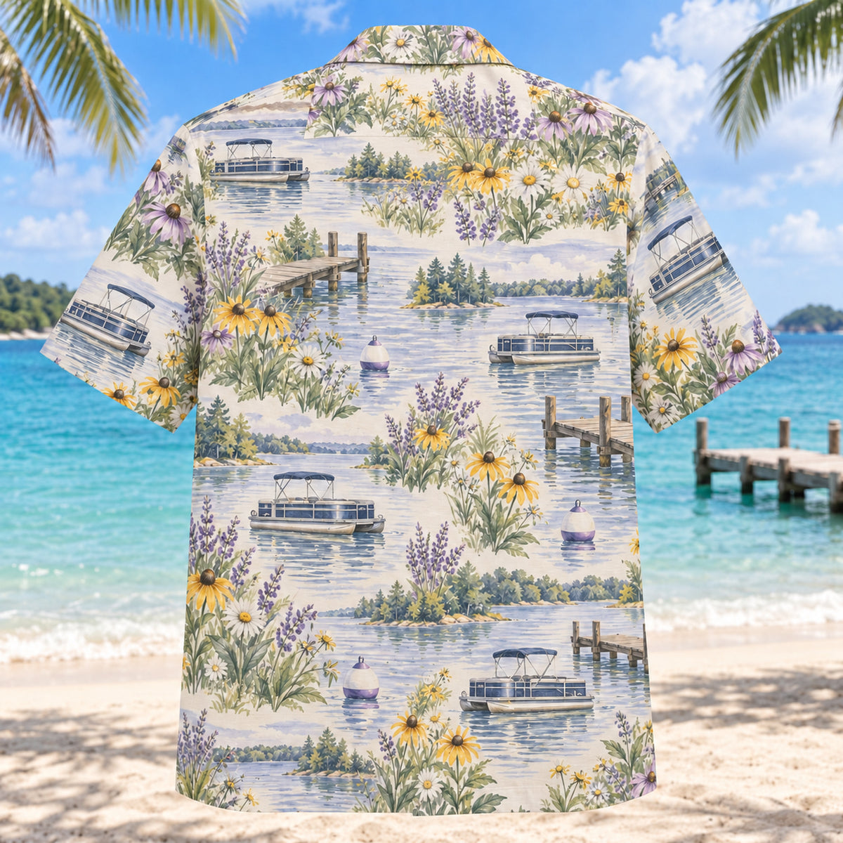 Back view of Garden Pontoon Boating Hawaiian Shirt with matching pontoon boating artwork in lavender, sage, cream, golden yellow