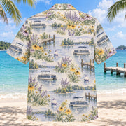 Back view of Garden Pontoon Boating Hawaiian Shirt with matching pontoon boating artwork in lavender, sage, cream, golden yellow
