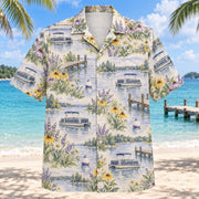 Front view of Garden Pontoon Boating Hawaiian Shirt with original meadow flowers and generic pontoon boats, lake docks, buoys and calm-water ripples in a spacious repeat