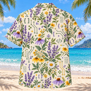 Back view of Garden Programmer Hawaiian Shirt with matching programmer artwork in lavender, sage, cream, golden yellow