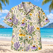 Front view of Garden Programmer Hawaiian Shirt with original meadow flowers and original brackets, readable self-written pseudocode, binary patterns, pixels and invented debugging symbols in a spacious repeat