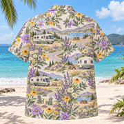 Back view of Garden RV and Travel Trailer Hawaiian Shirt with matching rv and travel trailer artwork in lavender, sage, cream, golden yellow