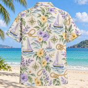 Back view of Garden Sailing Hawaiian Shirt with matching sailing artwork in lavender, sage, cream, golden yellow
