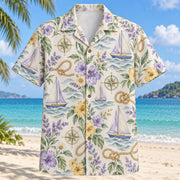 Front view of Garden Sailing Hawaiian Shirt with original meadow flowers and imaginary sailboats, knots, compasses and wave forms in a spacious repeat