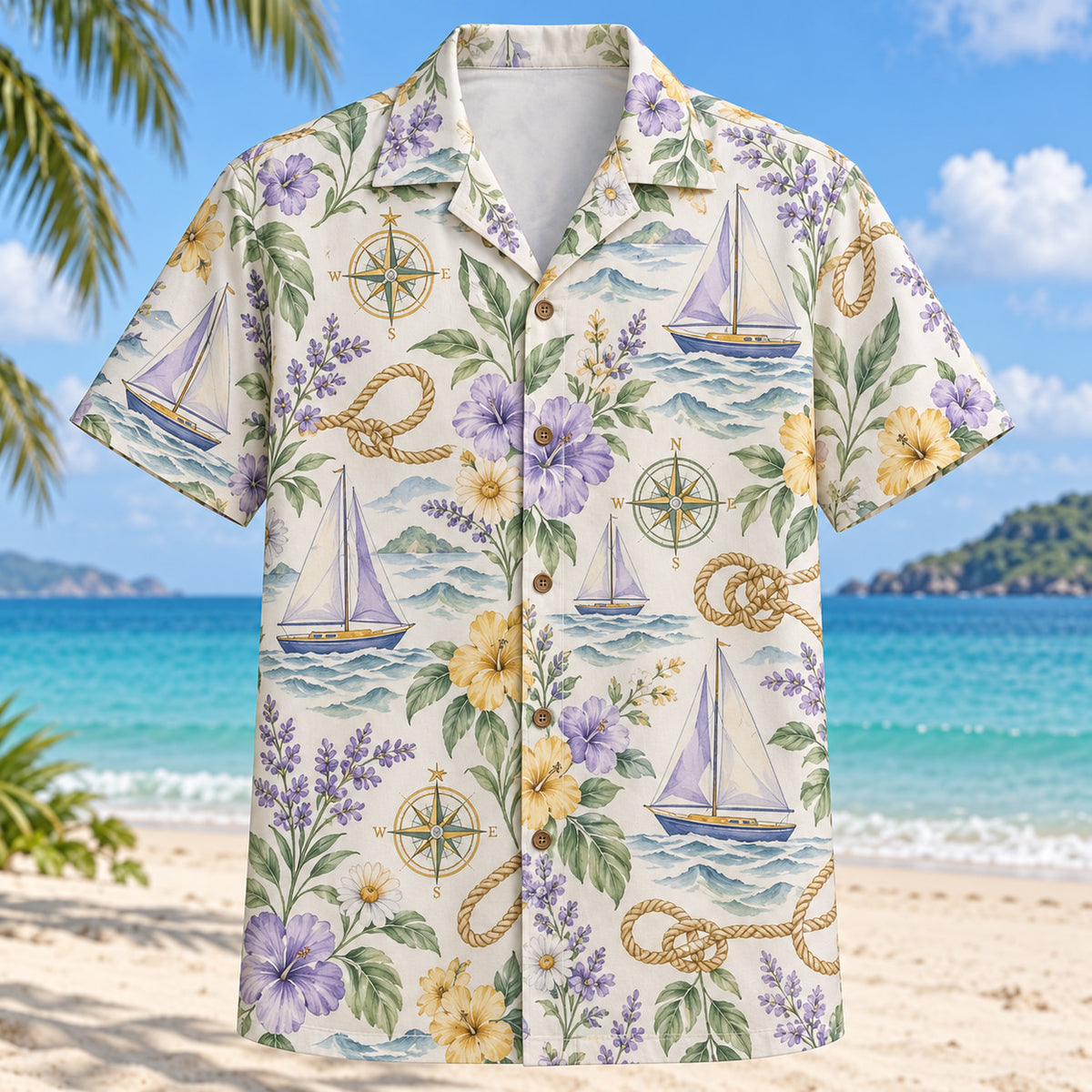 Front view of Garden Sailing Hawaiian Shirt with original meadow flowers and imaginary sailboats, knots, compasses and wave forms in a spacious repeat