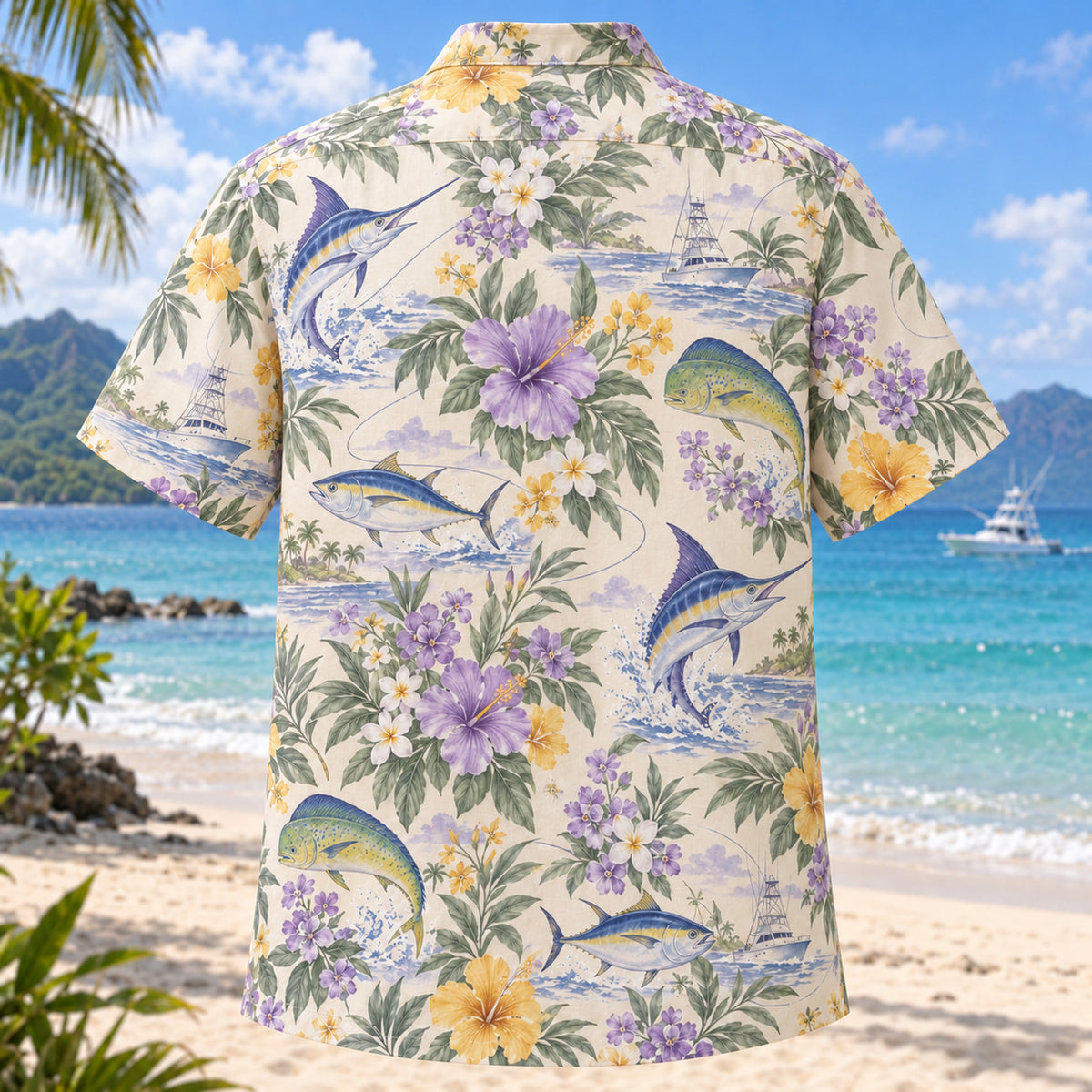 Back view of Garden Saltwater Fishing Hawaiian Shirt with matching saltwater fishing artwork in lavender, sage, cream, golden yellow