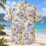 Back view of Garden Saltwater Fishing Hawaiian Shirt with matching saltwater fishing artwork in lavender, sage, cream, golden yellow