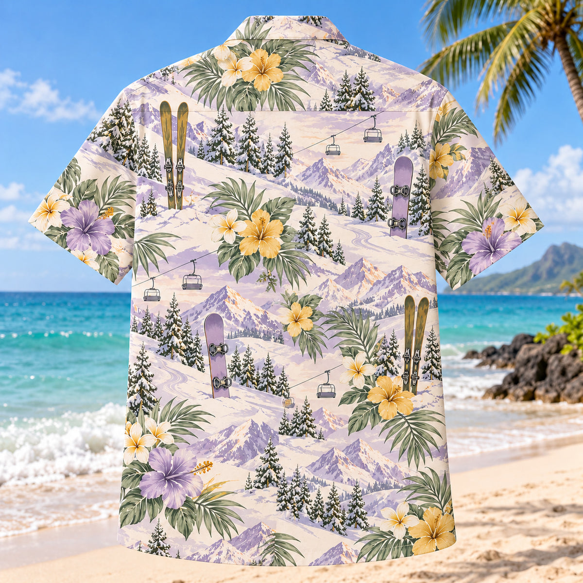 Back view of Garden Ski and Snowboard Hawaiian Shirt with matching ski and snowboard artwork in lavender, sage, cream, golden yellow