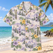 Front view of Garden Ski and Snowboard Hawaiian Shirt with original meadow flowers and plain skis, unbranded snowboards, chairlifts and snow peaks in a spacious repeat