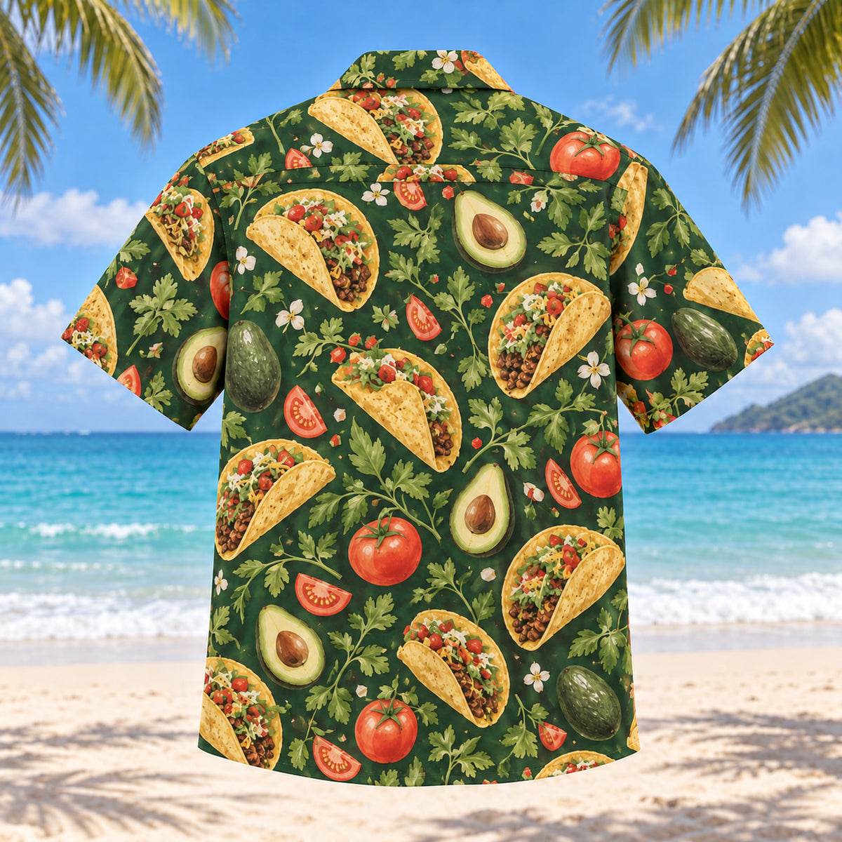 Back view of Garden Supper Taco Hawaiian Shirt with matching artwork in forest green, peach, cream