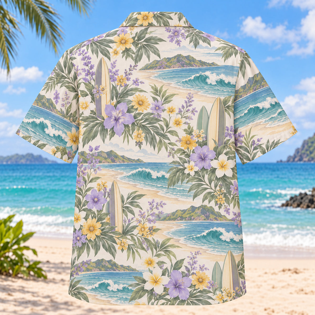 Back view of Garden Surfing Hawaiian Shirt with matching surfing artwork in lavender, sage, cream, golden yellow
