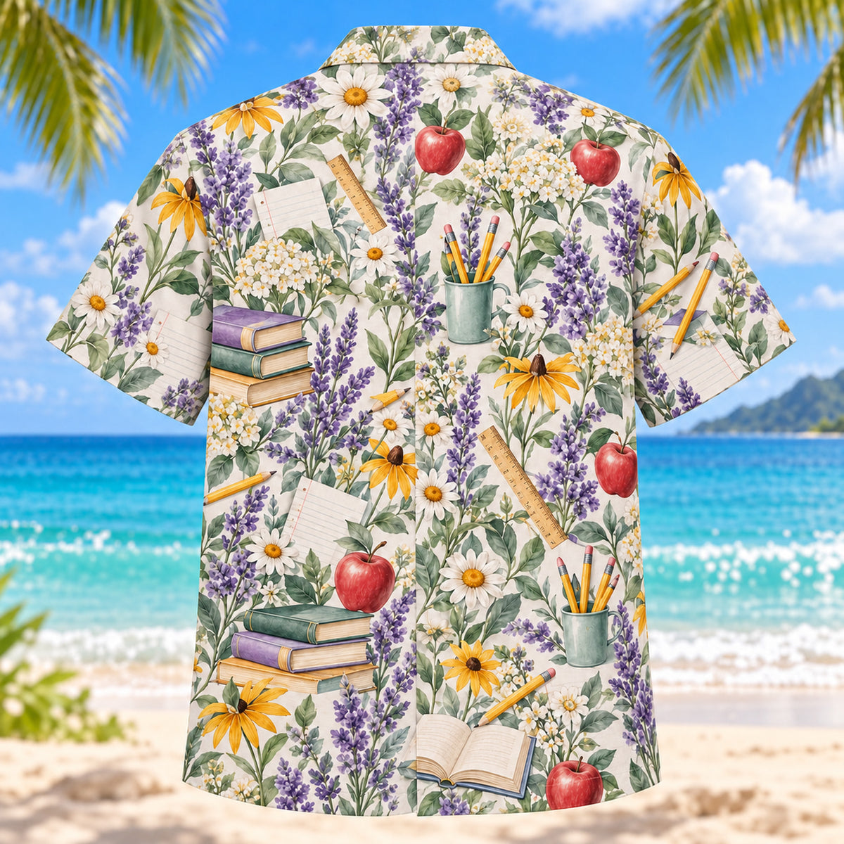 Back view of Garden Teacher Hawaiian Shirt with matching teacher artwork in lavender, sage, cream, golden yellow