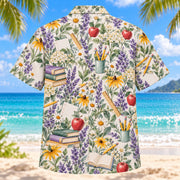 Back view of Garden Teacher Hawaiian Shirt with matching teacher artwork in lavender, sage, cream, golden yellow