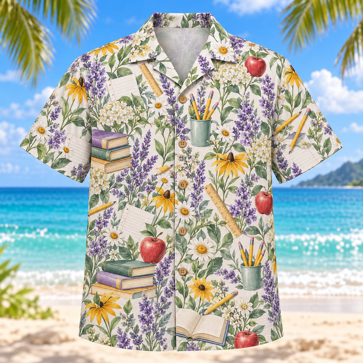 Front view of Garden Teacher Hawaiian Shirt with original meadow flowers and original pencils, apples, rulers, books and sheets of paper in a spacious repeat