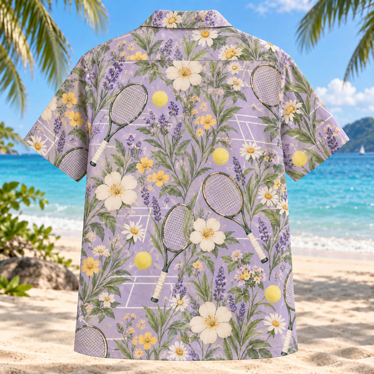 Back view of Garden Tennis Hawaiian Shirt with matching tennis artwork in lavender, sage, cream, golden yellow