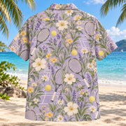 Back view of Garden Tennis Hawaiian Shirt with matching tennis artwork in lavender, sage, cream, golden yellow