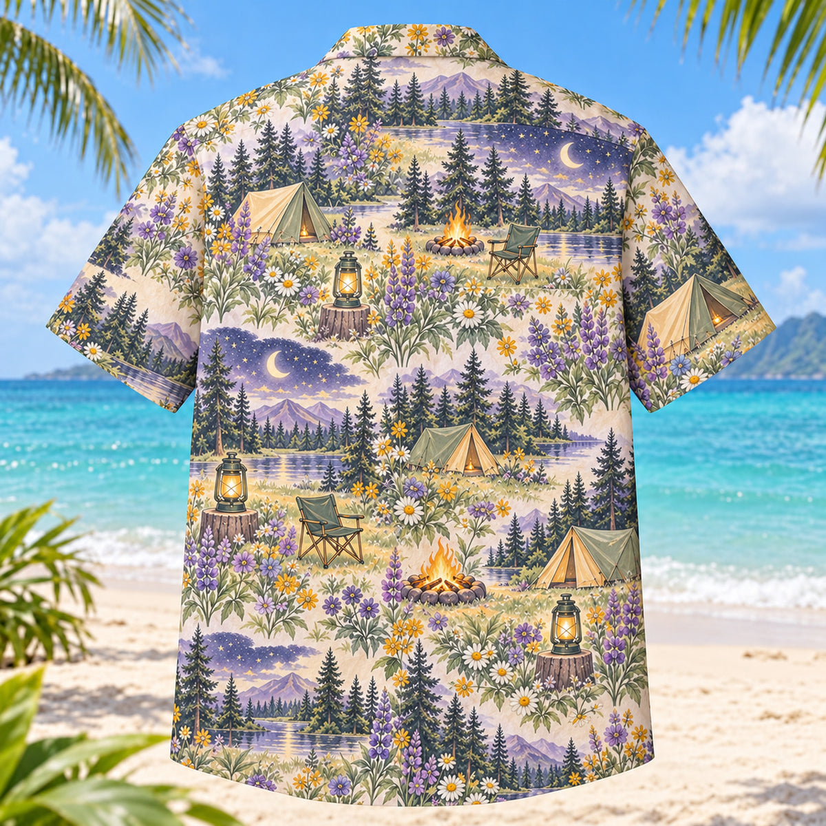 Back view of Garden Tent Camping Hawaiian Shirt with matching tent camping artwork in lavender, sage, cream, golden yellow