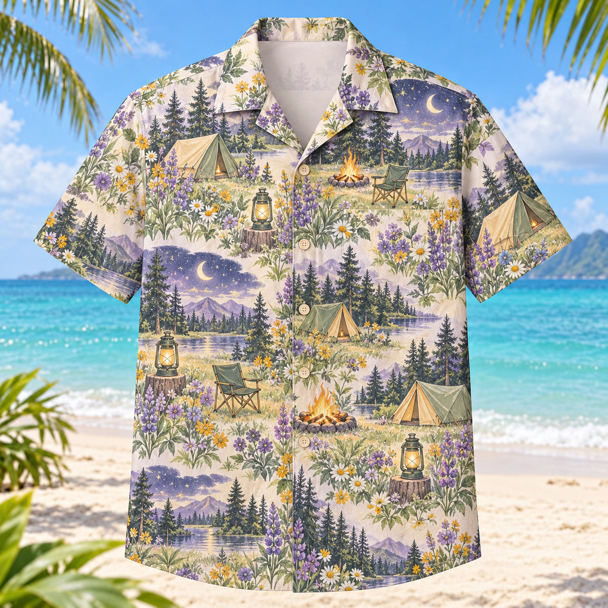 Front view of Garden Tent Camping Hawaiian Shirt with original meadow flowers and generic tents, camp lanterns, campfires, chairs and woodland night skies in a spacious repeat