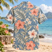 Back view of Garden Vows Beach Wedding Hawaiian Shirt with matching artwork in dusty blue, cream, coral