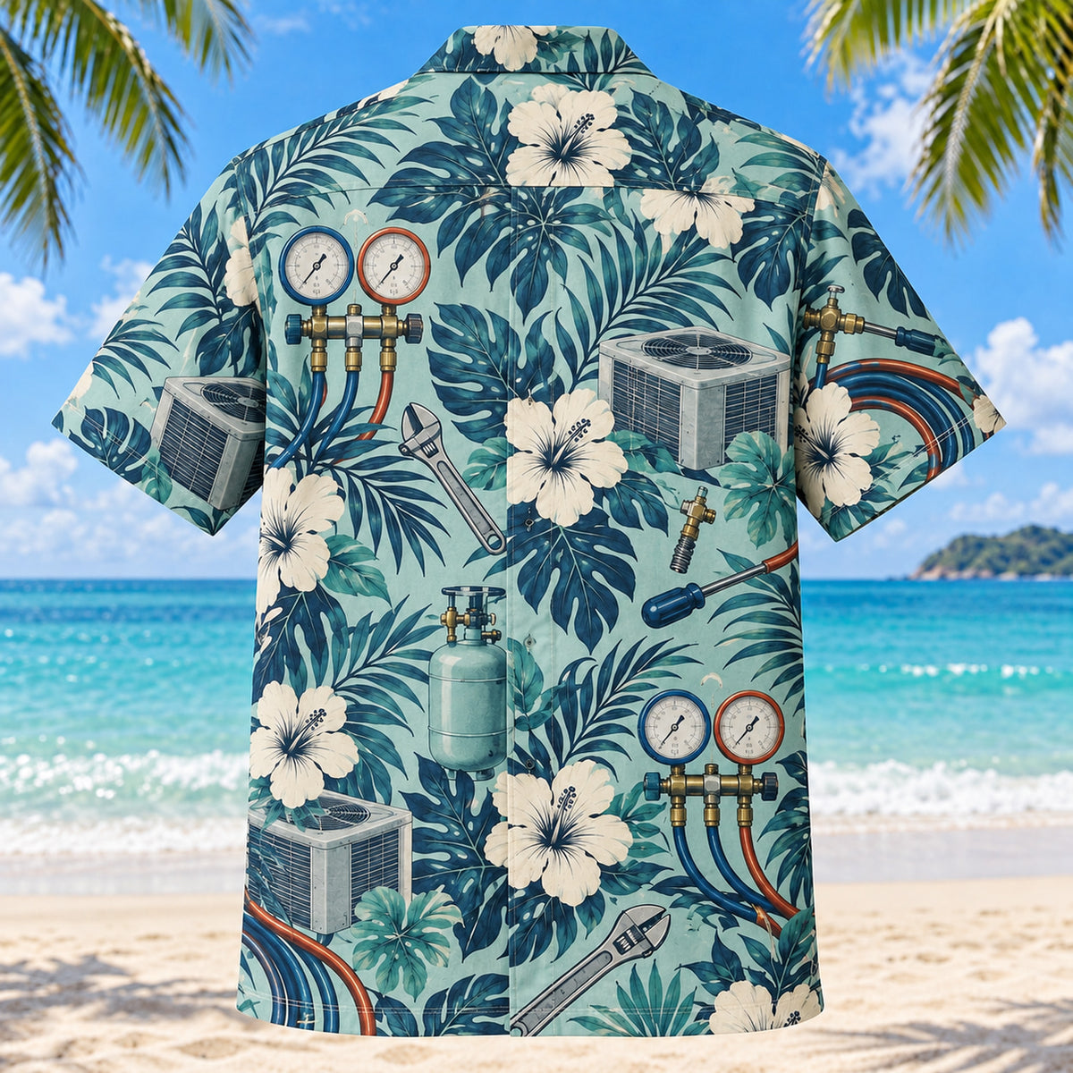 Back view of Gauge Dials HVAC Hawaiian Shirt with matching artwork in seafoam, navy, ivory
