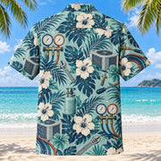 Back view of Gauge Dials HVAC Hawaiian Shirt with matching artwork in seafoam, navy, ivory