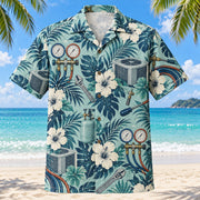 Front view of Gauge Dials HVAC Hawaiian Shirt with original gauge dials motifs, with tropical botanical accents; no text or branded equipment