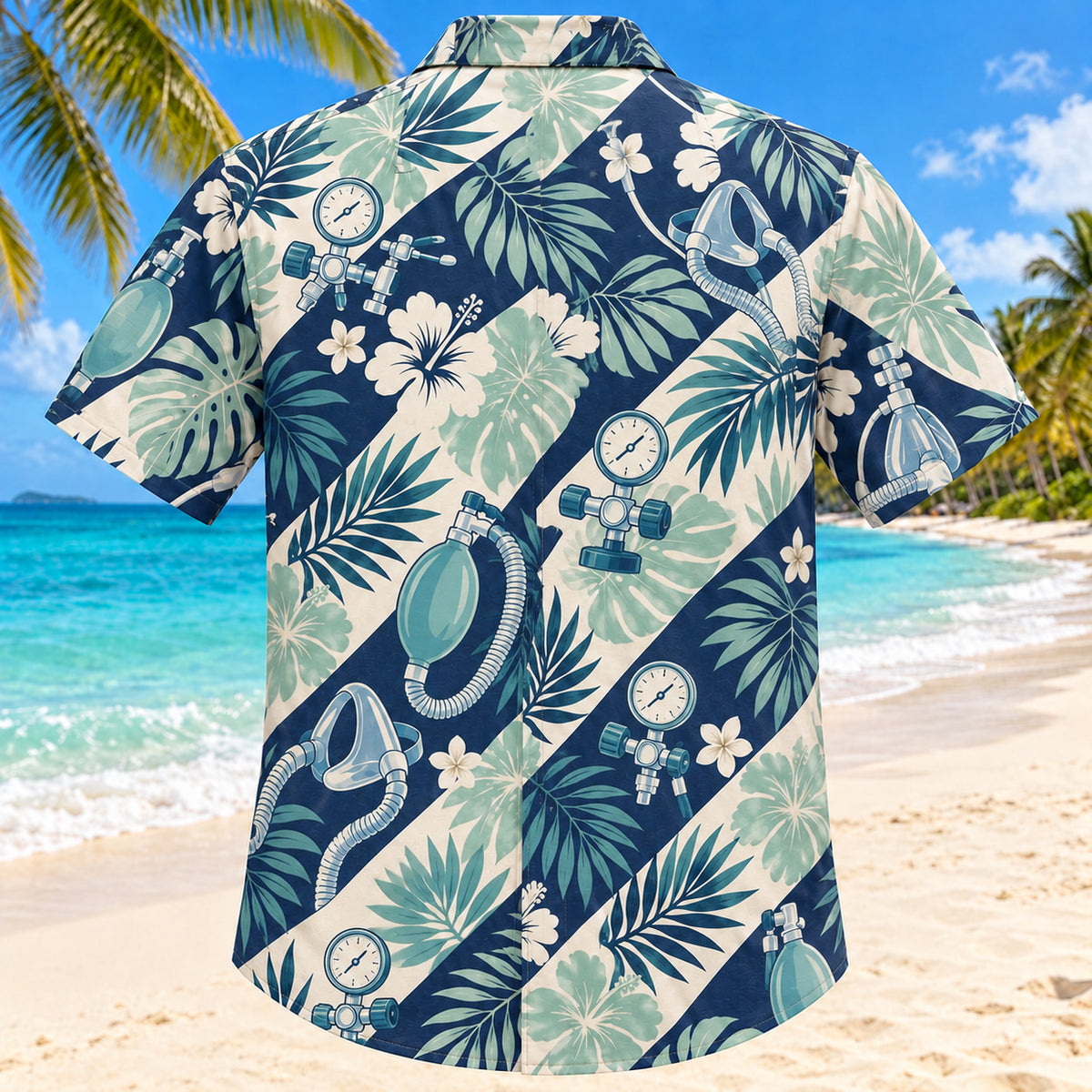 Back view of Gauge Palm Navy Respiratory Therapist Hawaiian Shirt with matching artwork in navy, aqua, warm cream