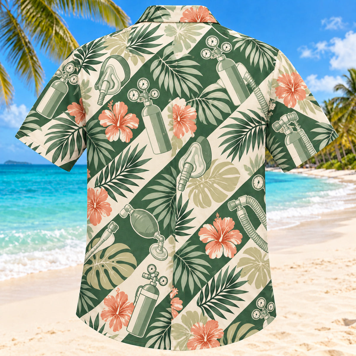 Back view of Gauge Palm Sage Respiratory Therapist Hawaiian Shirt with matching artwork in sage, sand, coral