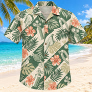 Front view of Gauge Palm Sage Respiratory Therapist Hawaiian Shirt with original generic unbranded gauges and palm fronds in a relaxed botanical clusters
