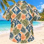 Back view of Gauge Palm Sunset Respiratory Therapist Hawaiian Shirt with matching artwork in sunset peach, sea blue, olive