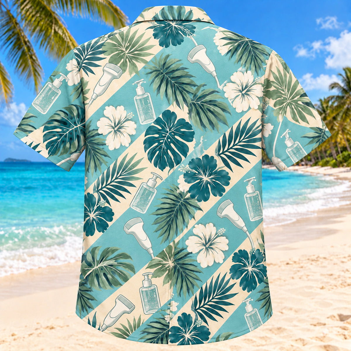 Back view of Gel And Garden Aqua Sand Diagnostic Medical Sonographer Hawaiian Shirt on a Hawaiian beach with fine white or light yellow sand and no dark rocks