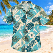 Front view of Gel And Garden Aqua Sand Diagnostic Medical Sonographer Hawaiian Shirt on a Hawaiian beach with fine white or light yellow sand and no dark rocks