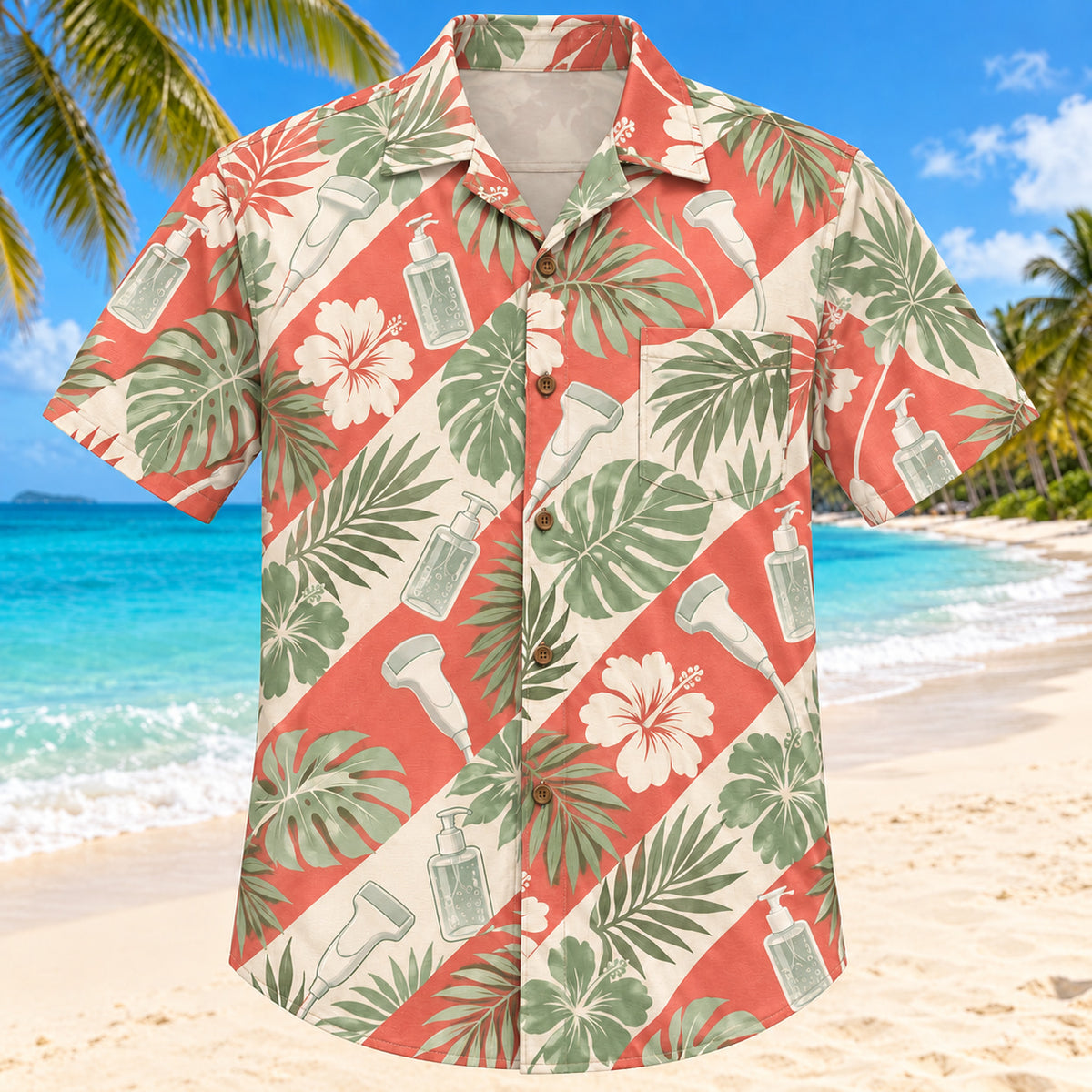 Front view of Gel And Garden Coral Sage Diagnostic Medical Sonographer Hawaiian Shirt with original blank gel bottles, generic probes and broad tropical leaves in alternating diagonal bands