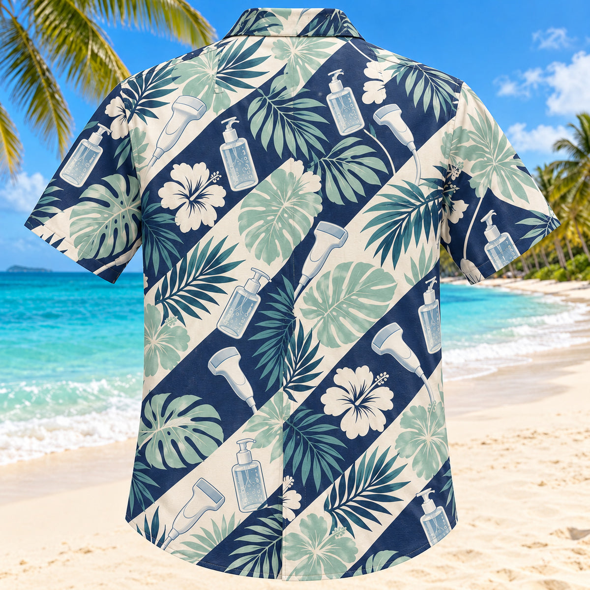 Back view of Gel And Garden Navy Cream Diagnostic Medical Sonographer Hawaiian Shirt with matching artwork in navy, warm ivory, pale seafoam