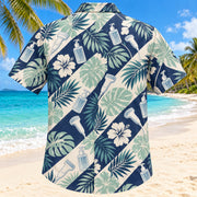 Back view of Gel And Garden Navy Cream Diagnostic Medical Sonographer Hawaiian Shirt with matching artwork in navy, warm ivory, pale seafoam