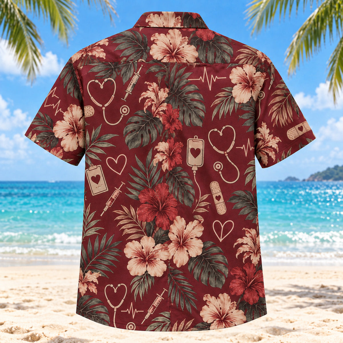 Back view of Gentle Care Nurse Hawaiian Shirt with matching artwork in burgundy, beige, charcoal