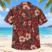 Back view of Gentle Care Nurse Hawaiian Shirt with matching artwork in burgundy, beige, charcoal