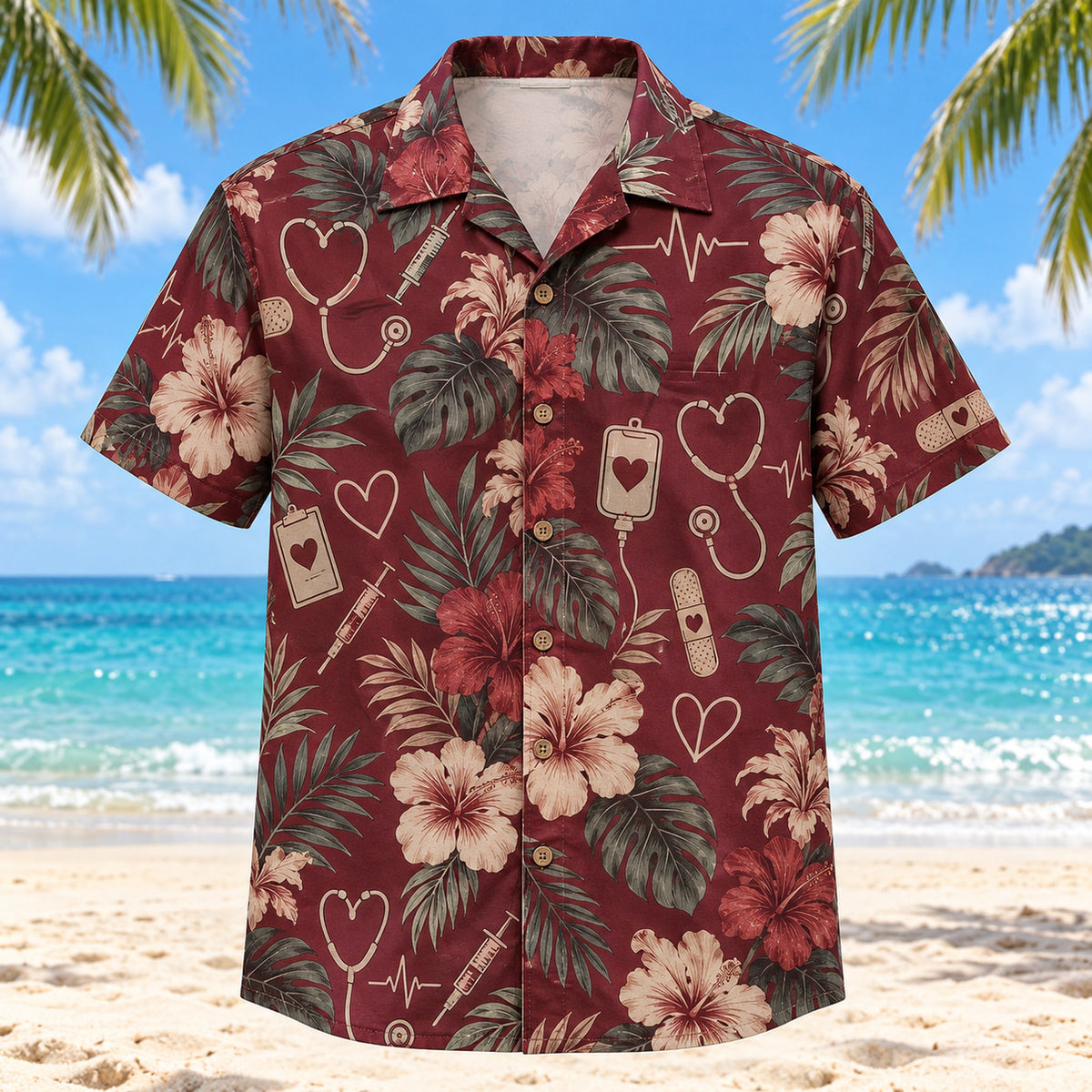 Front view of Gentle Care Nurse Hawaiian Shirt with original gentle care motifs, with tropical botanical accents; no text or branded equipment
