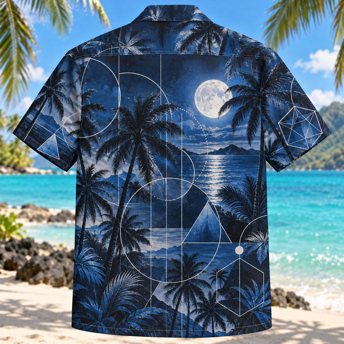 Back view of Geometry Night Mathematics Hawaiian Shirt with matching artwork in midnight, silver, blue