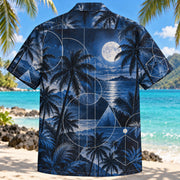 Back view of Geometry Night Mathematics Hawaiian Shirt with matching artwork in midnight, silver, blue