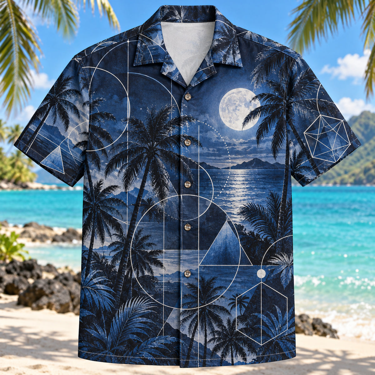 Front view of Geometry Night Mathematics Hawaiian Shirt with clean polygons and geometric arcs among moonlit palms