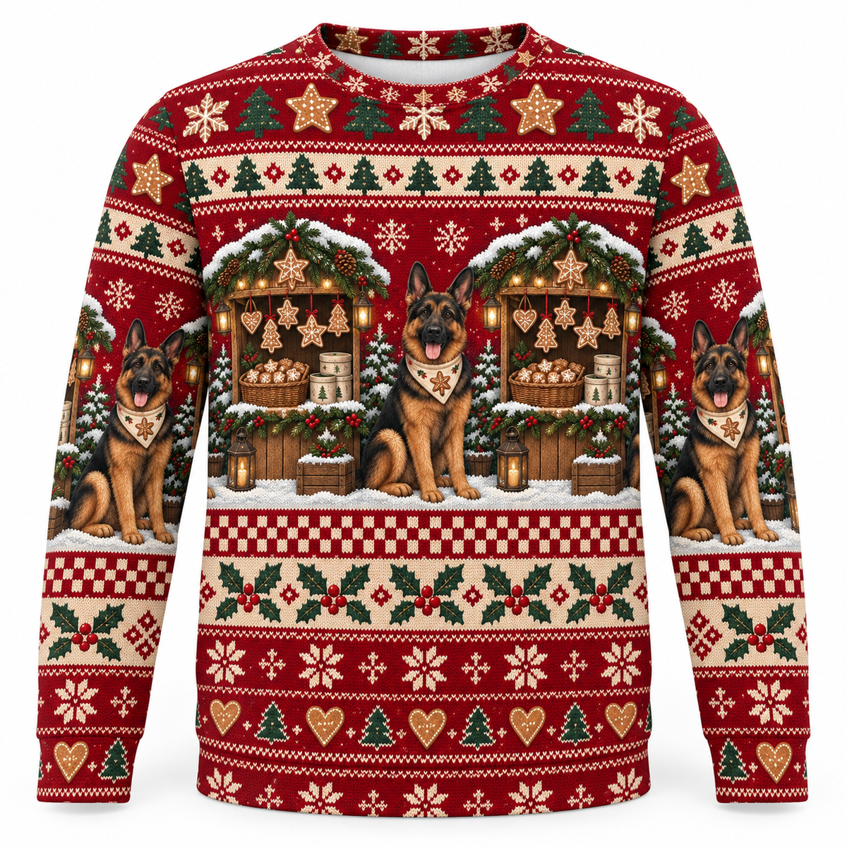 German Shepherd Gingerbread Market Ugly Sweater front view