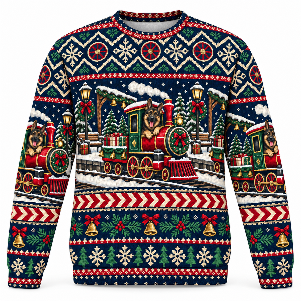 German Shepherd Holiday Train Ugly Sweater front view